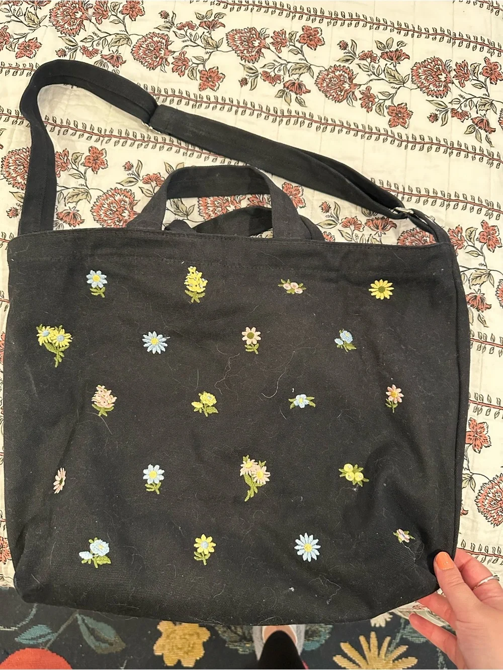 BAGGU Black Floral Embroidered Canvas Tote Bag